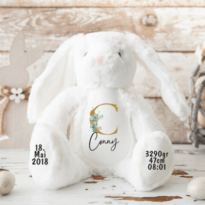 Hase, Kuscheltier, Baby personalisiert, mit Name, Geburtsdatum, Geburts-Geschenk, Kinder, Geschenk, zur Geburt, Taufe, Plüschtier, Stofftier, Kinder-Geburtstag, Mädchen, Junge, Teddy-Bär, Einschulung, Kindergarten, KITA, Familie, Geburts-Kissen