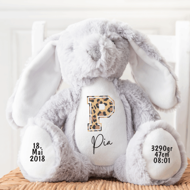 Hase, Kuscheltier, Baby personalisiert, mit Name, Geburtsdatum, Geburts-Geschenk, Kinder, Geschenk, zur Geburt, Taufe, Plüschtier, Stofftier, Kinder-Geburtstag, Mädchen, Junge, Teddy-Bär, Einschulung, Kindergarten, KITA, Familie, Geburts-Kissen
