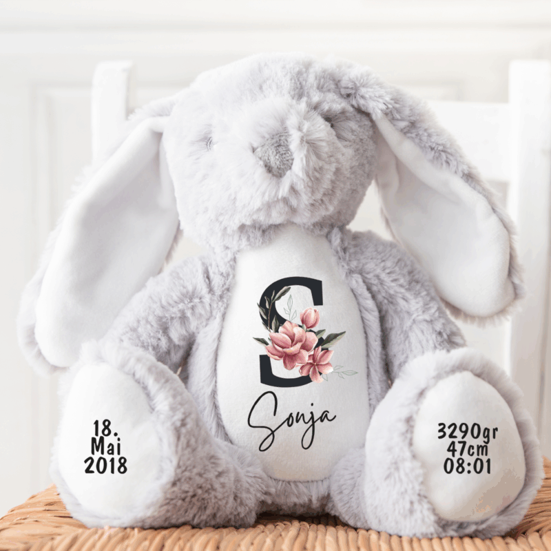Hase, Kuscheltier, Baby personalisiert, mit Name, Geburtsdatum, Geburts-Geschenk, Kinder, Geschenk, zur Geburt, Taufe, Plüschtier, Stofftier, Kinder-Geburtstag, Mädchen, Junge, Teddy-Bär, Einschulung, Kindergarten, KITA, Familie, Geburts-Kissen