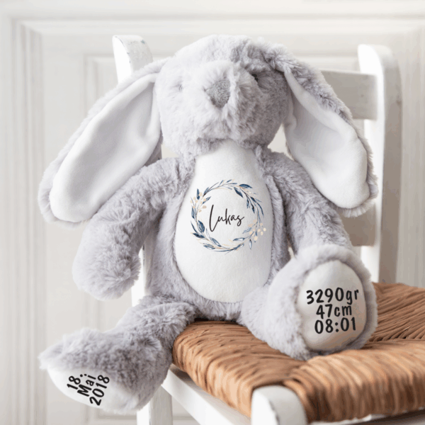 Hase, Kuscheltier, Baby personalisiert, mit Name, Geburtsdatum, Geburts-Geschenk, Kinder, Geschenk, zur Geburt, Taufe, Plüschtier, Stofftier, Kinder-Geburtstag, Mädchen, Junge, Teddy-Bär, Einschulung, Kindergarten, KITA, Familie, Geburts-Kissen