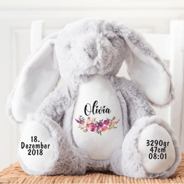 Hase, Kuscheltier, Baby personalisiert, mit Name, Geburtsdatum, Geburts-Geschenk, Kinder, Geschenk, zur Geburt, Taufe, Plüschtier, Stofftier, Kinder-Geburtstag, Mädchen, Junge, Teddy-Bär, Einschulung, Kindergarten, KITA, Familie, Geburts-Kissen