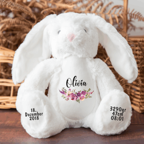 Hase, Kuscheltier, Baby personalisiert, mit Name, Geburtsdatum, Geburts-Geschenk, Kinder, Geschenk, zur Geburt, Taufe, Plüschtier, Stofftier, Kinder-Geburtstag, Mädchen, Junge, Teddy-Bär, Einschulung, Kindergarten, KITA, Familie, Geburts-Kissen