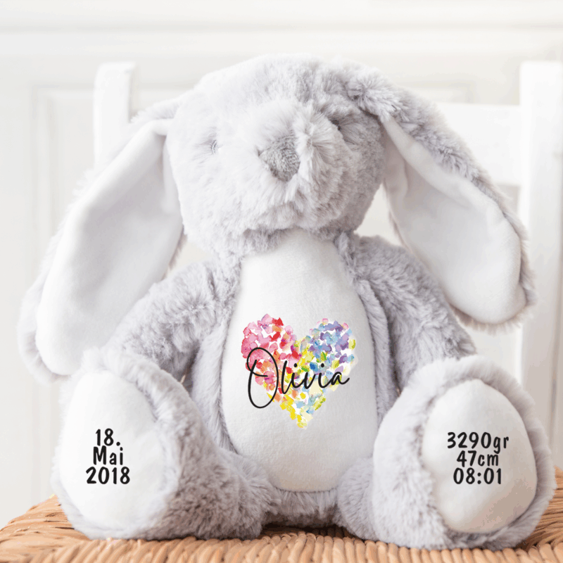 Hase, Kuscheltier, Baby personalisiert, mit Name, Geburtsdatum, Geburts-Geschenk, Kinder, Geschenk, zur Geburt, Taufe, Plüschtier, Stofftier, Kinder-Geburtstag, Mädchen, Junge, Teddy-Bär, Einschulung, Kindergarten, KITA, Familie, Geburts-Kissen