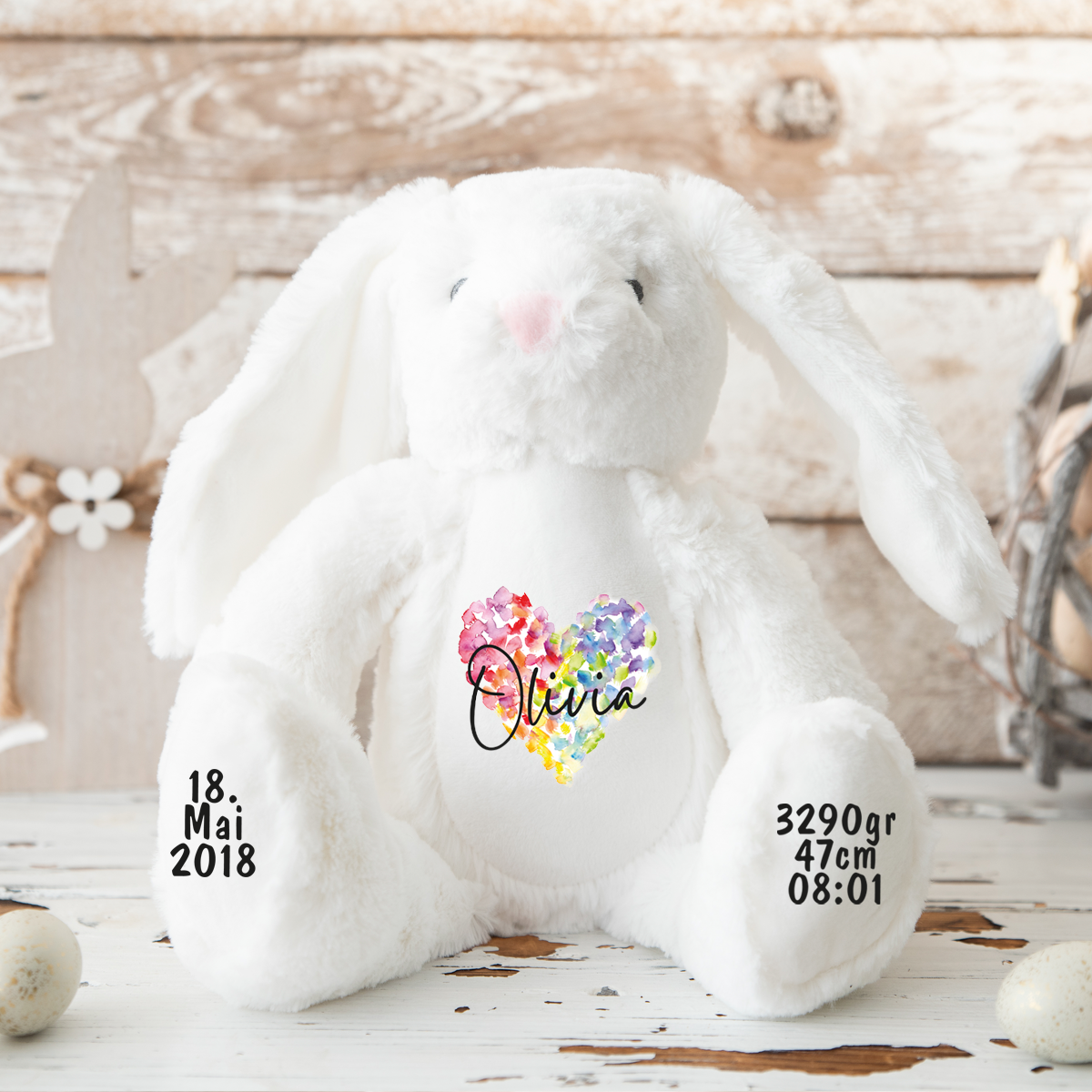 Hase, Kuscheltier, Baby personalisiert, mit Name, Geburtsdatum, Geburts-Geschenk, Kinder, Geschenk, zur Geburt, Taufe, Plüschtier, Stofftier, Kinder-Geburtstag, Mädchen, Junge, Teddy-Bär, Einschulung, Kindergarten, KITA, Familie, Geburts-Kissen