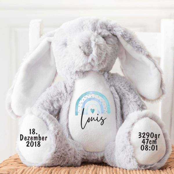 Hase, Kuscheltier, Baby personalisiert, mit Name, Geburtsdatum, Geburts-Geschenk, Kinder, Geschenk, zur Geburt, Taufe, Plüschtier, Stofftier, Kinder-Geburtstag, Mädchen, Junge, Teddy-Bär, Einschulung, Kindergarten, KITA, Familie, Geburts-Kissen