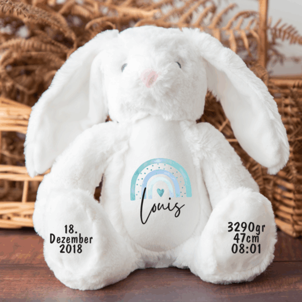 Hase, Kuscheltier, Baby personalisiert, mit Name, Geburtsdatum, Geburts-Geschenk, Kinder, Geschenk, zur Geburt, Taufe, Plüschtier, Stofftier, Kinder-Geburtstag, Mädchen, Junge, Teddy-Bär, Einschulung, Kindergarten, KITA, Familie, Geburts-Kissen