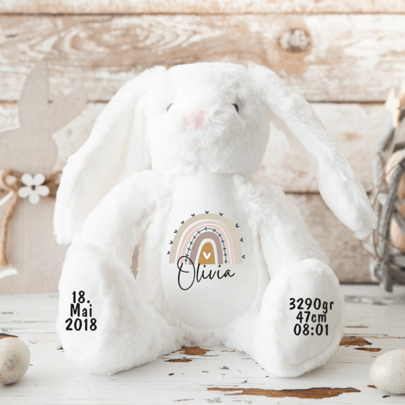 Hase, Kuscheltier, Baby personalisiert, mit Name, Geburtsdatum, Geburts-Geschenk, Kinder, Geschenk, zur Geburt, Taufe, Plüschtier, Stofftier, Kinder-Geburtstag, Mädchen, Junge, Teddy-Bär, Einschulung, Kindergarten, KITA, Familie, Geburts-Kissen