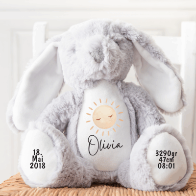 Hase, Kuscheltier, Baby personalisiert, mit Name, Geburtsdatum, Geburts-Geschenk, Kinder, Geschenk, zur Geburt, Taufe, Plüschtier, Stofftier, Kinder-Geburtstag, Mädchen, Junge, Teddy-Bär, Einschulung, Kindergarten, KITA, Familie, Geburts-Kissen
