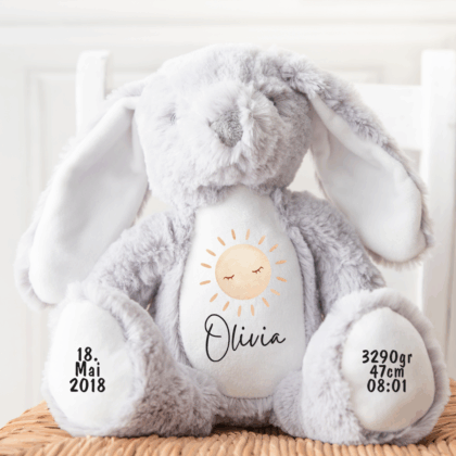 Hase, Kuscheltier, Baby personalisiert, mit Name, Geburtsdatum, Geburts-Geschenk, Kinder, Geschenk, zur Geburt, Taufe, Plüschtier, Stofftier, Kinder-Geburtstag, Mädchen, Junge, Teddy-Bär, Einschulung, Kindergarten, KITA, Familie, Geburts-Kissen