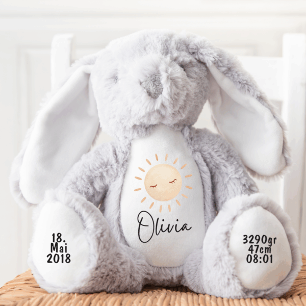 Hase, Kuscheltier, Baby personalisiert, mit Name, Geburtsdatum, Geburts-Geschenk, Kinder, Geschenk, zur Geburt, Taufe, Plüschtier, Stofftier, Kinder-Geburtstag, Mädchen, Junge, Teddy-Bär, Einschulung, Kindergarten, KITA, Familie, Geburts-Kissen