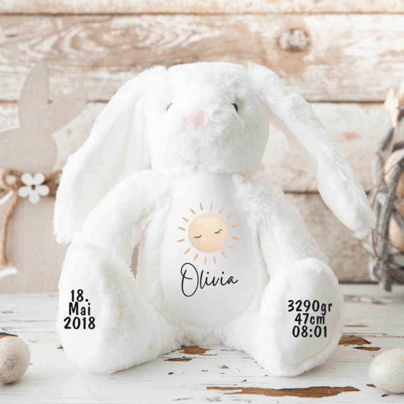 Hase, Kuscheltier, Baby personalisiert, mit Name, Geburtsdatum, Geburts-Geschenk, Kinder, Geschenk, zur Geburt, Taufe, Plüschtier, Stofftier, Kinder-Geburtstag, Mädchen, Junge, Teddy-Bär, Einschulung, Kindergarten, KITA, Familie, Geburts-Kissen