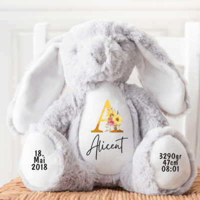Hase, Kuscheltier, Baby personalisiert, mit Name, Geburtsdatum, Geburts-Geschenk, Kinder, Geschenk, zur Geburt, Taufe, Plüschtier, Stofftier, Kinder-Geburtstag, Mädchen, Junge, Teddy-Bär, Einschulung, Kindergarten, KITA, Familie, Geburts-Kissen