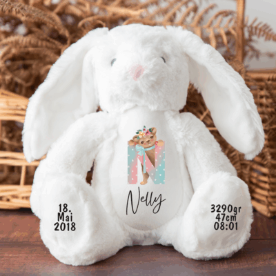 Hase, Kuscheltier, Baby personalisiert, mit Name, Geburtsdatum, Geburts-Geschenk, Kinder, Geschenk, zur Geburt, Taufe, Plüschtier, Stofftier, Kinder-Geburtstag, Mädchen, Junge, Teddy-Bär, Einschulung, Kindergarten, KITA, Familie, Geburts-Kissen