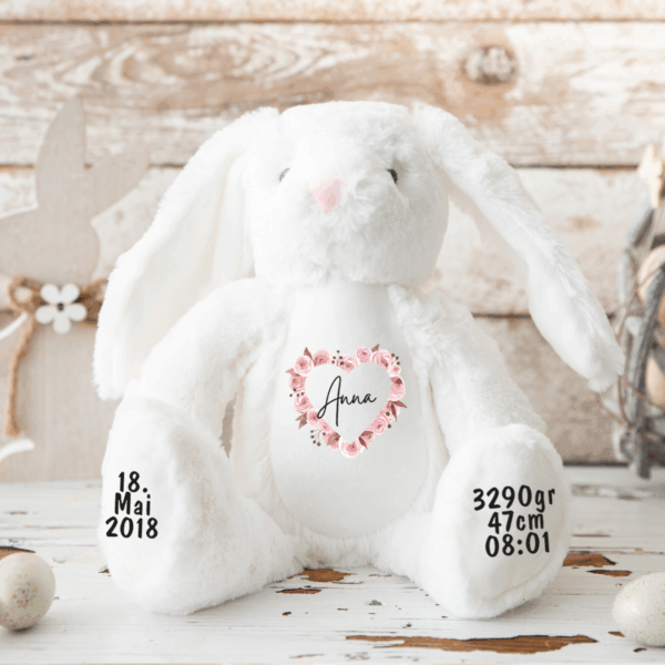 Hase, Kuscheltier, Baby personalisiert, mit Name, Geburtsdatum, Geburts-Geschenk, Kinder, Geschenk, zur Geburt, Taufe, Plüschtier, Stofftier, Kinder-Geburtstag, Mädchen, Junge, Teddy-Bär, Einschulung, Kindergarten, KITA, Familie, Geburts-Kissen