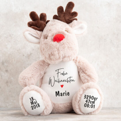 Rentier, Weihnachten, Kuscheltier, Baby personalisiert, mit Name, Geburtsdatum, Geburts-Geschenk, Kinder, Geschenk, zur Geburt, Taufe, Plüschtier, Stofftier, Kinder-Geburtstag, Mädchen, Junge, Teddy-Bär, Einschulung, Kindergarten, KITA, Familie, Geburts-Kissen