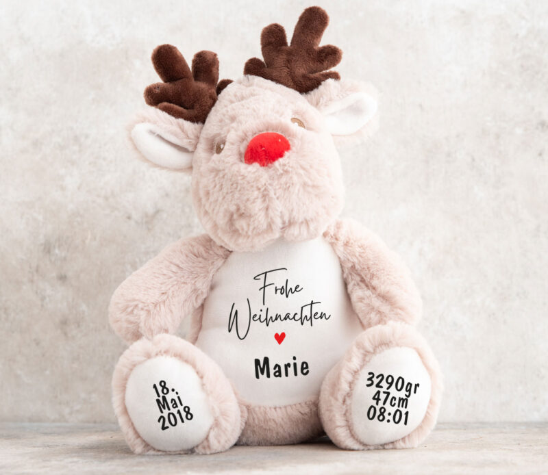 Rentier, Weihnachten, Kuscheltier, Baby personalisiert, mit Name, Geburtsdatum, Geburts-Geschenk, Kinder, Geschenk, zur Geburt, Taufe, Plüschtier, Stofftier, Kinder-Geburtstag, Mädchen, Junge, Teddy-Bär, Einschulung, Kindergarten, KITA, Familie, Geburts-Kissen