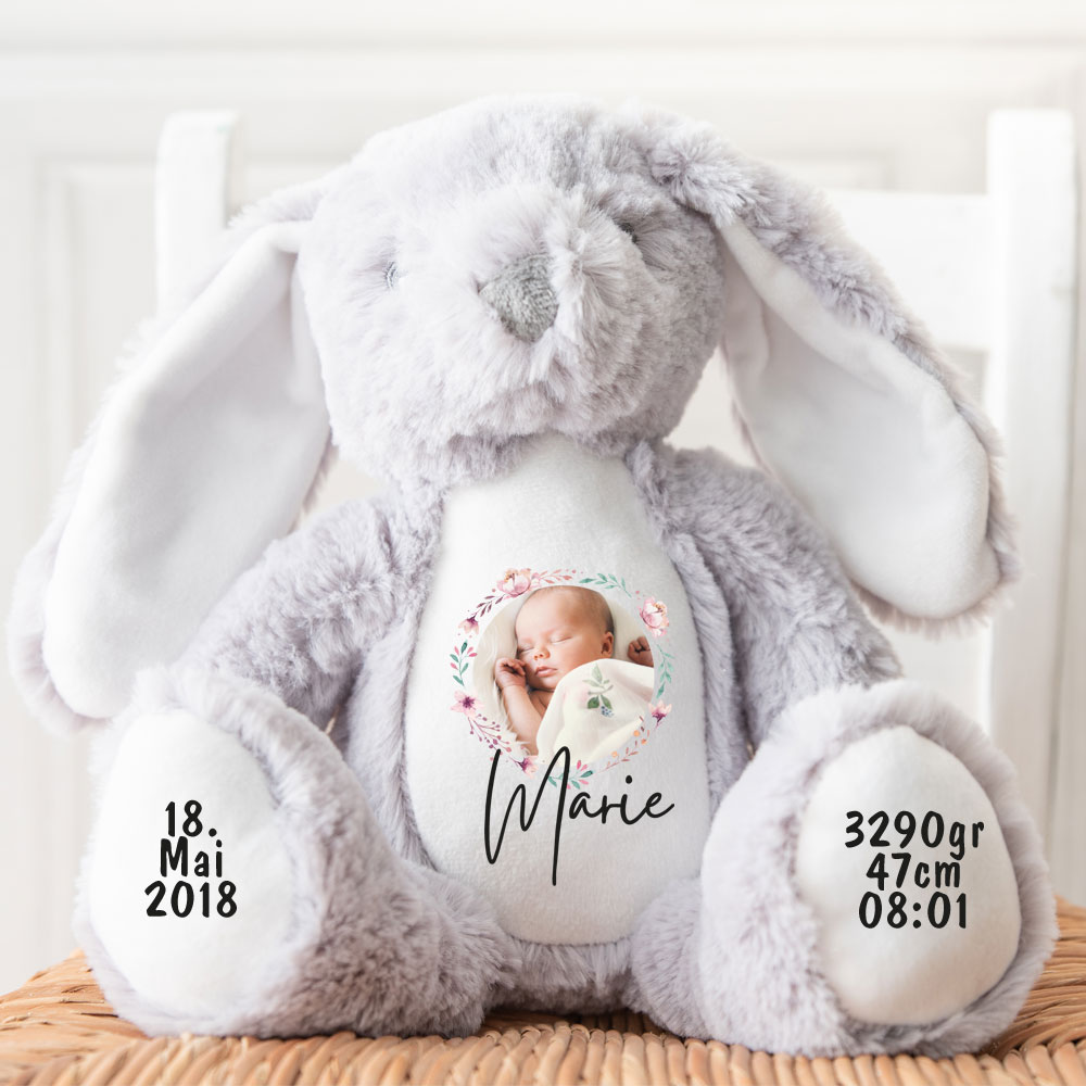 Hase, Kuscheltier, Baby personalisiert, mit Name, Geburtsdatum, Geburts-Geschenk, Kinder, Geschenk, zur Geburt, Taufe, Plüschtier, Stofftier, Kinder-Geburtstag, Mädchen, Junge, Teddy-Bär, Einschulung, Kindergarten, KITA, Familie, Geburts-Kissen, Foto-Geschenk