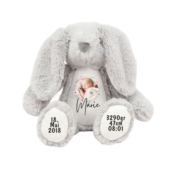 Hase, Kuscheltier, Baby personalisiert, mit Name, Geburtsdatum, Geburts-Geschenk, Kinder, Geschenk, zur Geburt, Taufe, Plüschtier, Stofftier, Kinder-Geburtstag, Mädchen, Junge, Teddy-Bär, Einschulung, Kindergarten, KITA, Familie, Geburts-Kissen, Foto-Geschenk