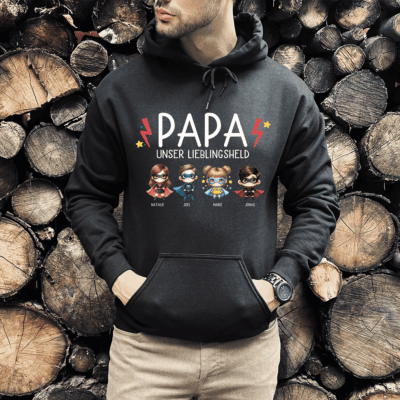 Super-Helden, Hoodies & Sweatshirts, Mama Papa Pulli, Kapuzen-Pullover, werdender Vater, Geschenk-Idee, Personalisiert mit Name, Kind Mini, Est Jahreszahl, Weihnachts-Geschenk, Muttertag Vatertag, Familie Opa, Vater