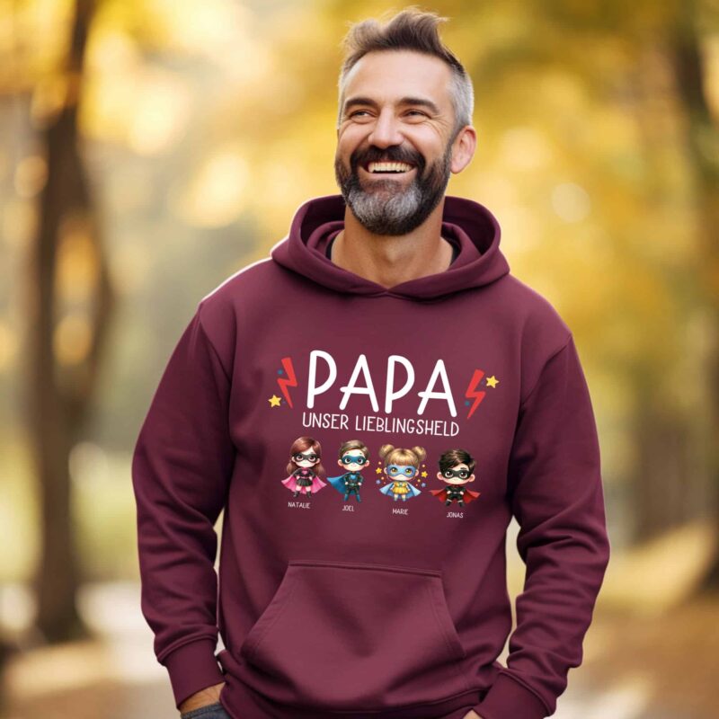 Super-Helden, Hoodies & Sweatshirts, Mama Papa Pulli, Kapuzen-Pullover, werdender Vater, Geschenk-Idee, Personalisiert mit Name, Kind Mini, Est Jahreszahl, Weihnachts-Geschenk, Muttertag Vatertag, Familie Opa, Vater
